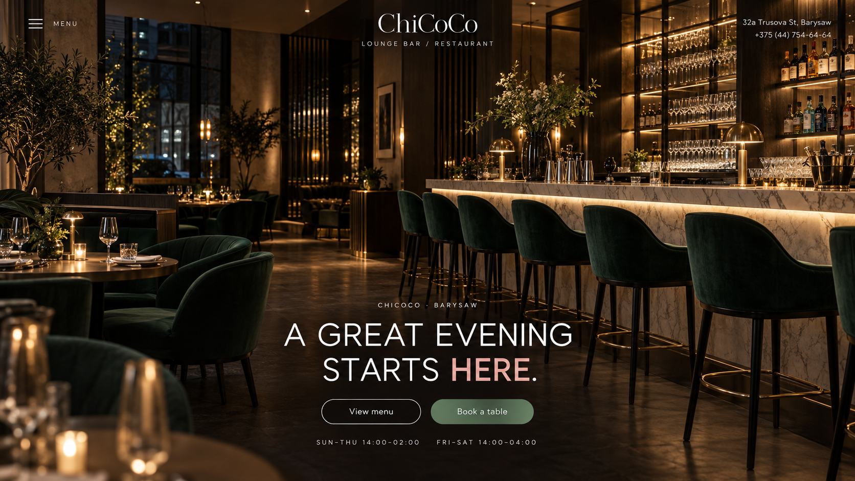 De restaurantwebsite van Chicoco in Barysaw, Wit-Rusland